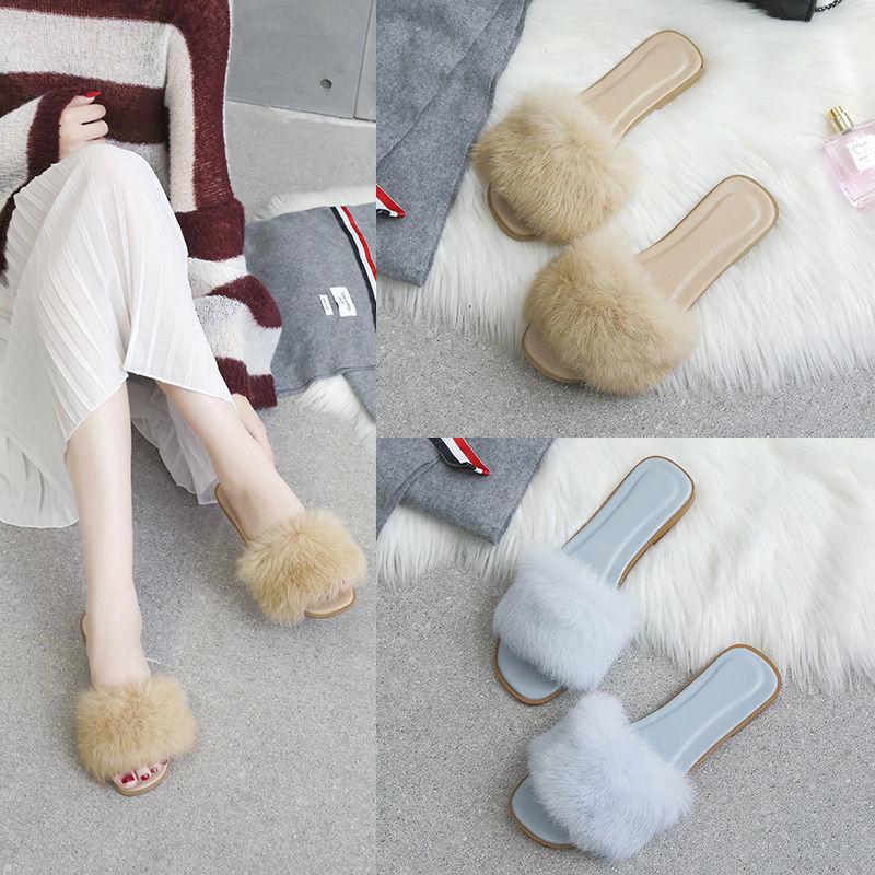 Fashion Bedroom Slides Shoes for Women 2024 Fuzzy Low Heel Summer Soft House Furry Sandals Woman Slippers Green Home Luxury On Promotion