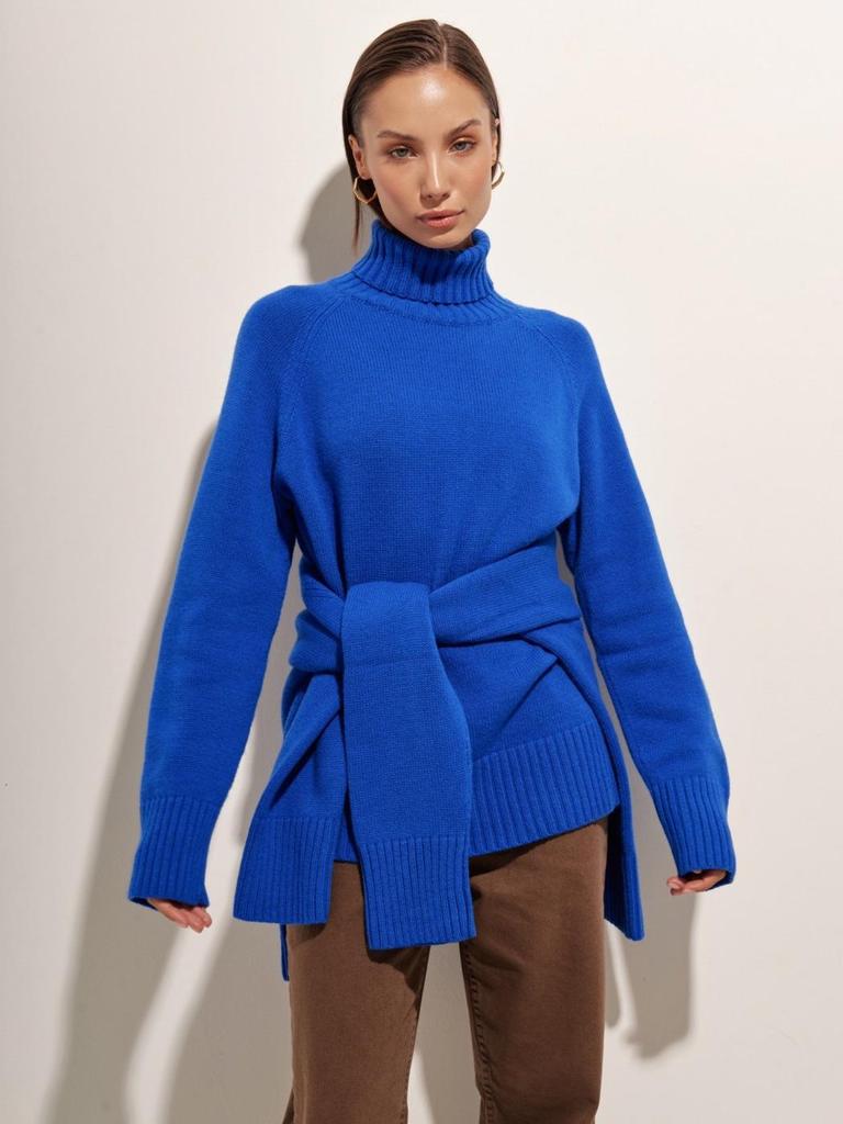 Повседневный трикотажный свитер с длинным рукавом и высоким воротом - Однотонный и удобной посадки