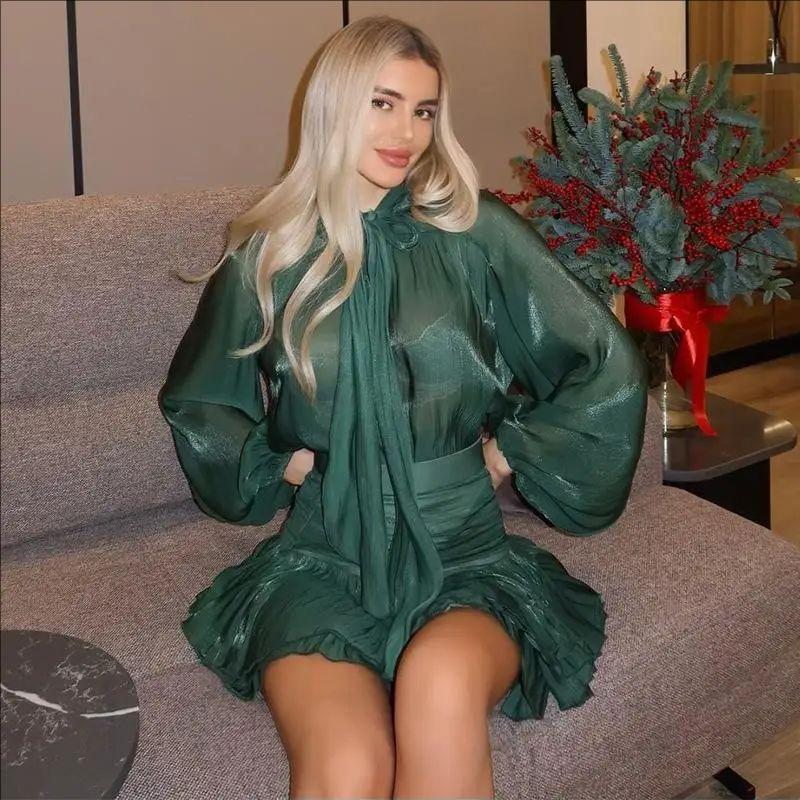 Шикарный бант-топ юбка костюмы женские шнуровка О-образный вырез рукав фонарь блузки высокая талия милая плиссированная юбка весна новый комплект из 2 предметов