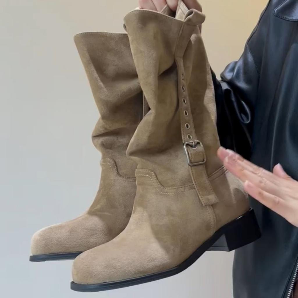 Издание из коровьей кожи~ Замшевые ковбойские сапоги Maillard для женщин, сапоги-трубы с круглым носком, сапоги-рыцари на толстом каблуке