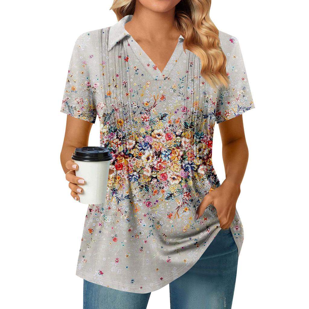 Womens Short Sleeve T Shirts Pleated V Neck Printing Tee Collared Summer Tops Fashion Business Casual Work
