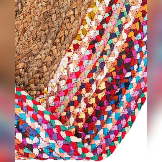 Aizza Trends Indian Handmade Braided Multi Cotton Border with Inner Natural Jute Area Rug- Jute Rug- Dining Room- Living Room