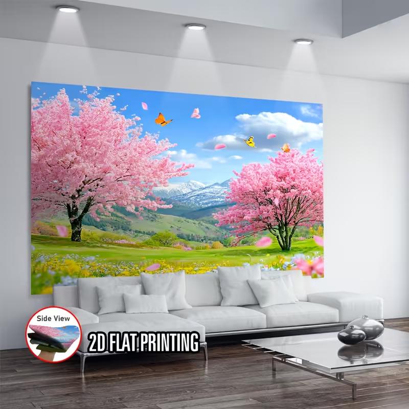2D Colorful Butterflies and Sakura Trees in a Green Spring Landscape