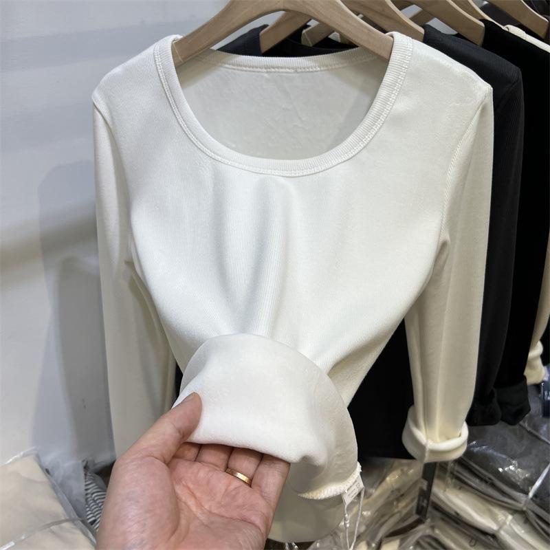 White Velvet Winter Bottoming Shirt for Women, New Style Warm Threaded Long-sleeved T-shirt, Slim Fit Clothes