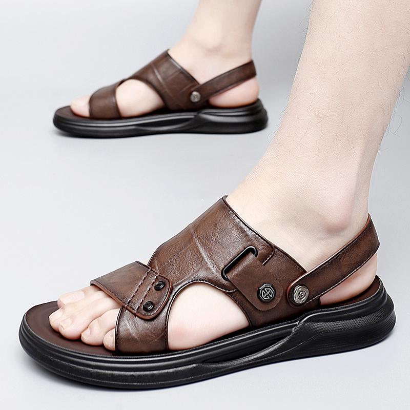 Модные летние мужские сандалии для бизнеса и отдыха на пляже Тапочки для отдыха на открытом воздухе Нескользящие кожаные сандалии на толстой подошве Новые мужские сандалии для отдыха на открытом воздухе