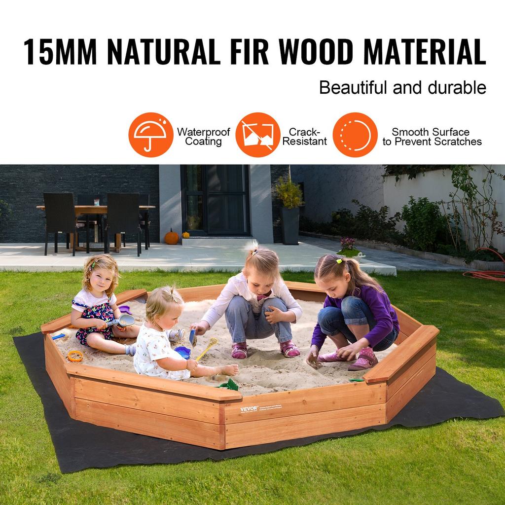 VEVOR Wooden Sandbox with Cover, 75.6 x 75.6 x 9.1 in Octagonal Sand Box, Sand Pit with 4 Seating and Bottom Liner, Kids Sandbox for Outdoor Backyard