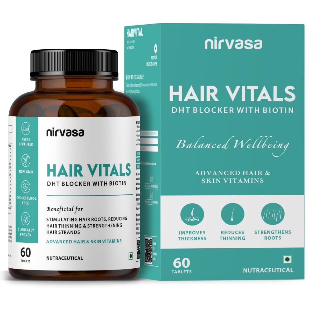 Nirvasa Hair Vitals Блокатор ДГТ с Биотином (650мг) – 60 таблеток | Поддерживает рост, силу и густоту волос | Уменьшает выпадение и ломкость волос | Wi
