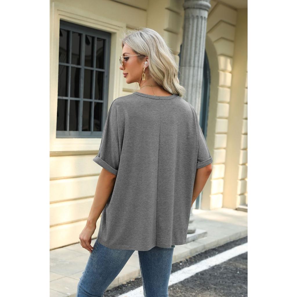 GMXIA Весенне-летняя однотонная футболка с круглым вырезом, свободного кроя, с короткими рукавами для женщин
