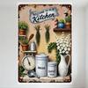 Винтажная деревенская металлическая жестяная табличка, Добро пожаловать на нашу кухню, Уютная кухонная сцена с растениями, посудой и контейнерами для декора домашнего кафе