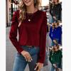 Womens Winter Stretch Velvet Casual Round Neck Fitted Puff Sleeve Long Top