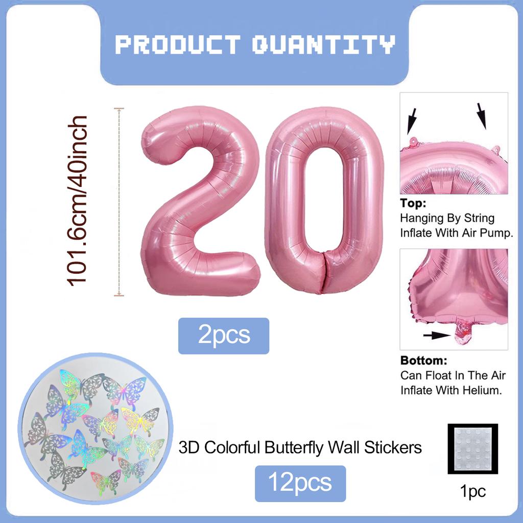 Pink Butterfly Number Balloon, 3D Stereoscopic Butterfly Number 0-9 Used for Anniversary Birthday Party Photography