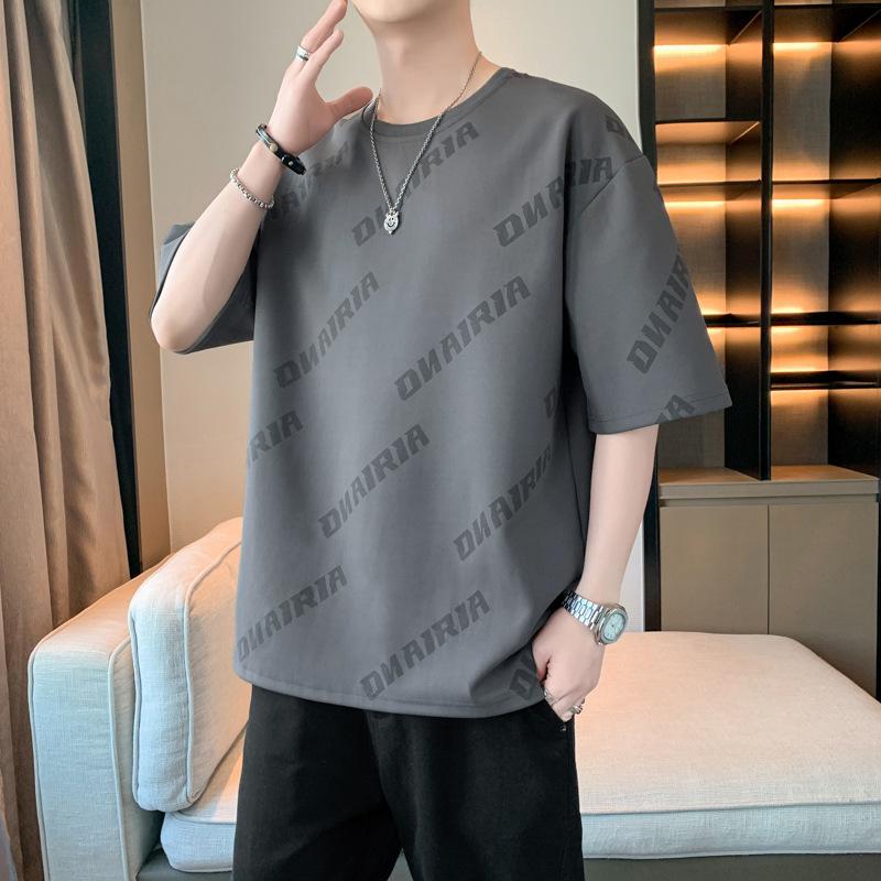 Футболка с короткими рукавами, летний наряд, однотонный цвет с буквами, свободный и простой мужской летний топ