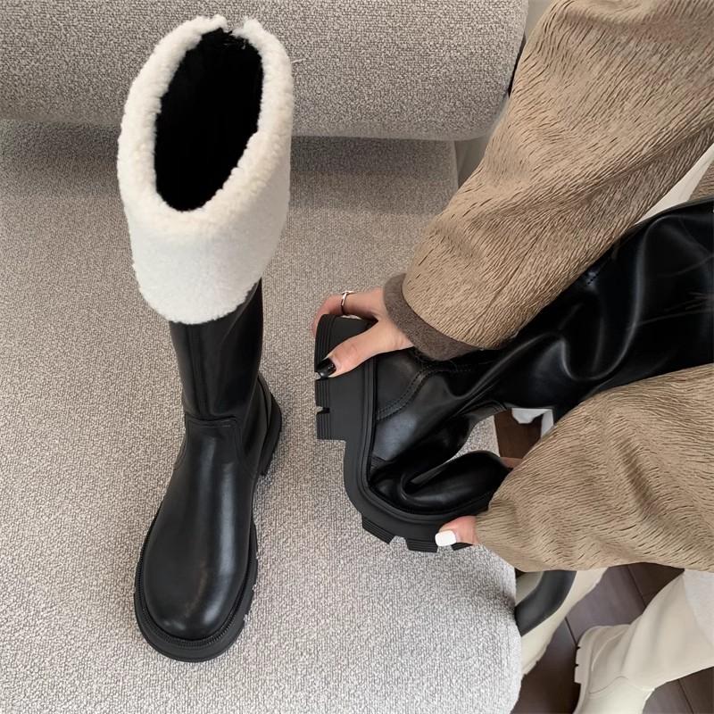 Женские зимние сапоги на платформе до колена, меховые хлопковые туфли «Челси» на толстом каблуке, тренд 2024 года, зимние кожаные готические плюшевые теплые ботинки Mujer