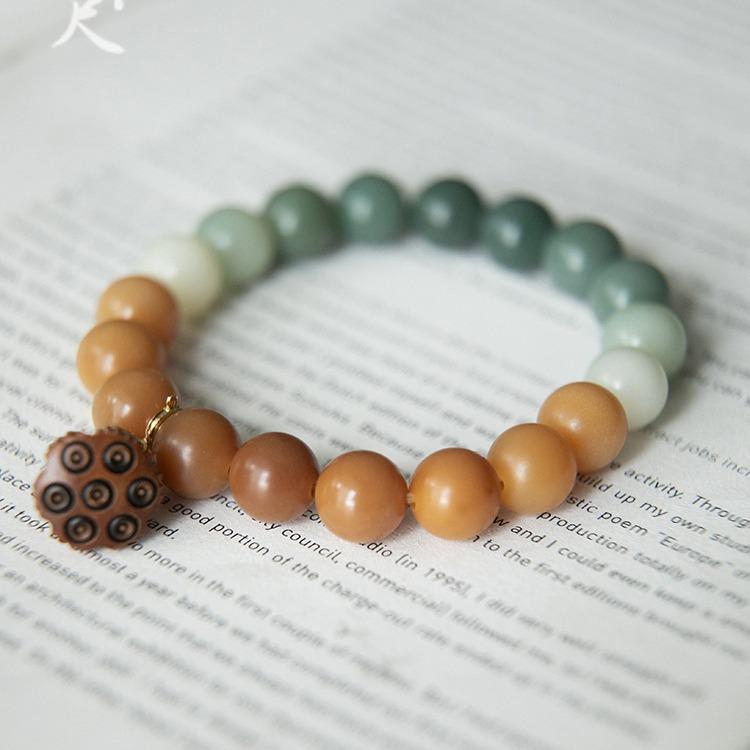 Youlian Natural Bodhi Root Bracelet for Men and Women with Peach Wood Lotus Pendant, Gradient Color Single Circle Buddhist Bead Bracelet