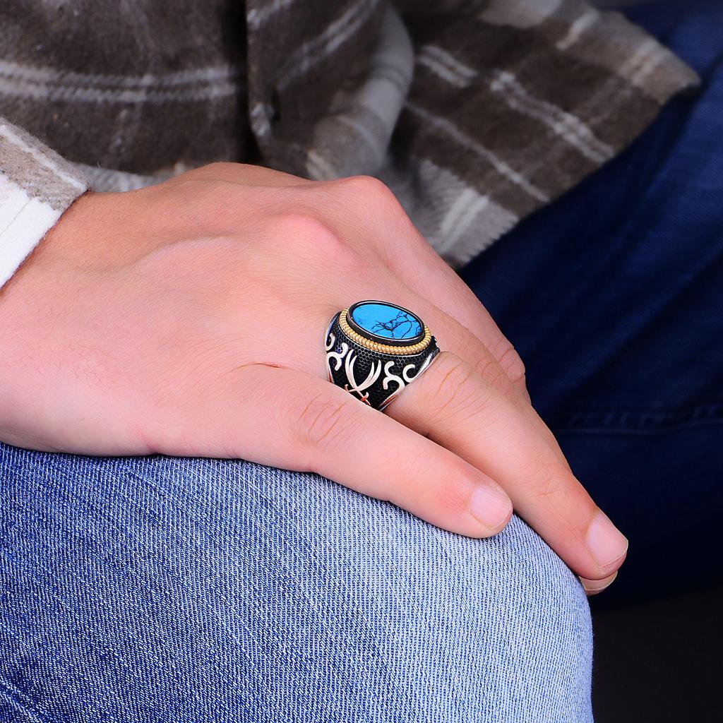 Серебряное мужское кольцо с бирюзовым камнем 925 карата, мужское кольцо в оттоманке ручной работы, овальное кольцо с натуральным бирюзовым драгоценным камнем, идея подарка для мужчин