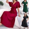 Spring and Summer Temperament Cross V-neck Swing Pleated Long Women's Fashion Dresses
