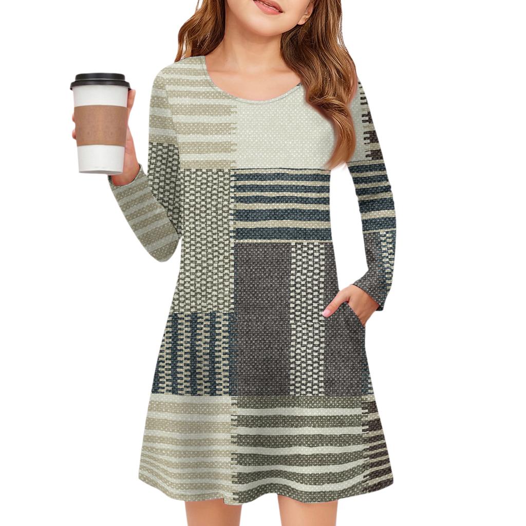Girls' Long Sleeve Dress - Color Pocket Dress
