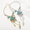 European and American Ethnic Style Exaggerated Pattern Inlaid Turquoise Alloy Necklace, Retro Design Y-shaped Neck Chain