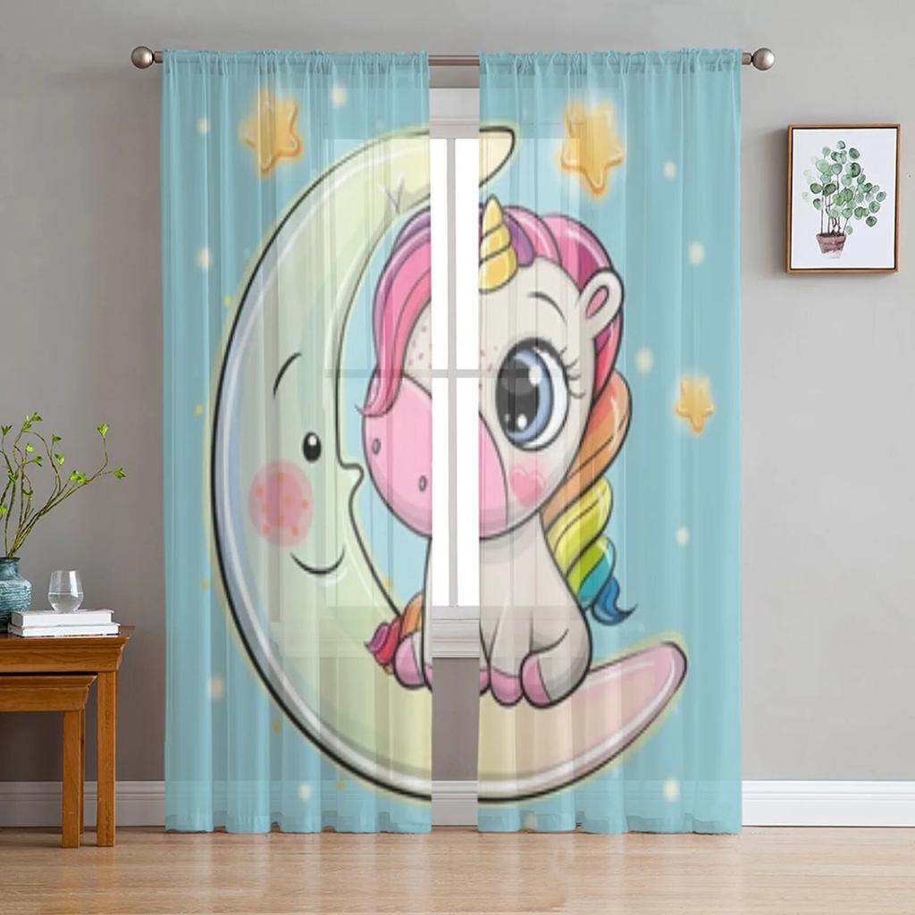 Милый мультяшный единорог с цветами, прозрачные шторы для гостиной, детская спальня, тюлевые шторы, кухонные шторы для окон