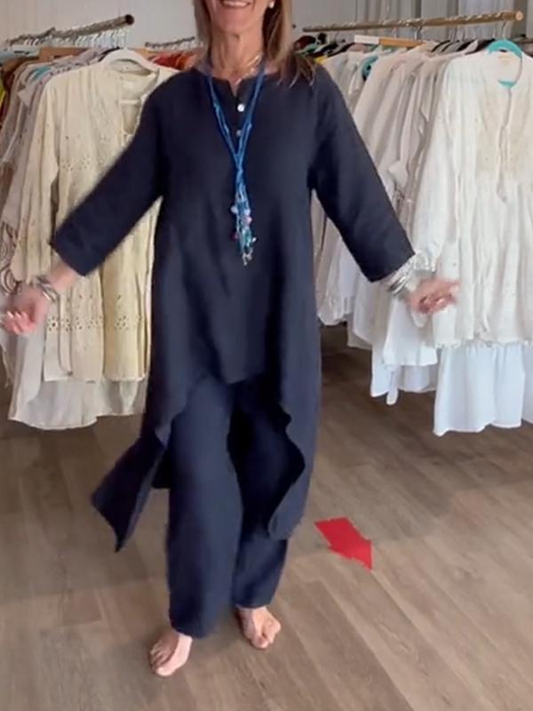 Женский однотонный повседневный летний комплект из хлопка и льна с длинными рукавами