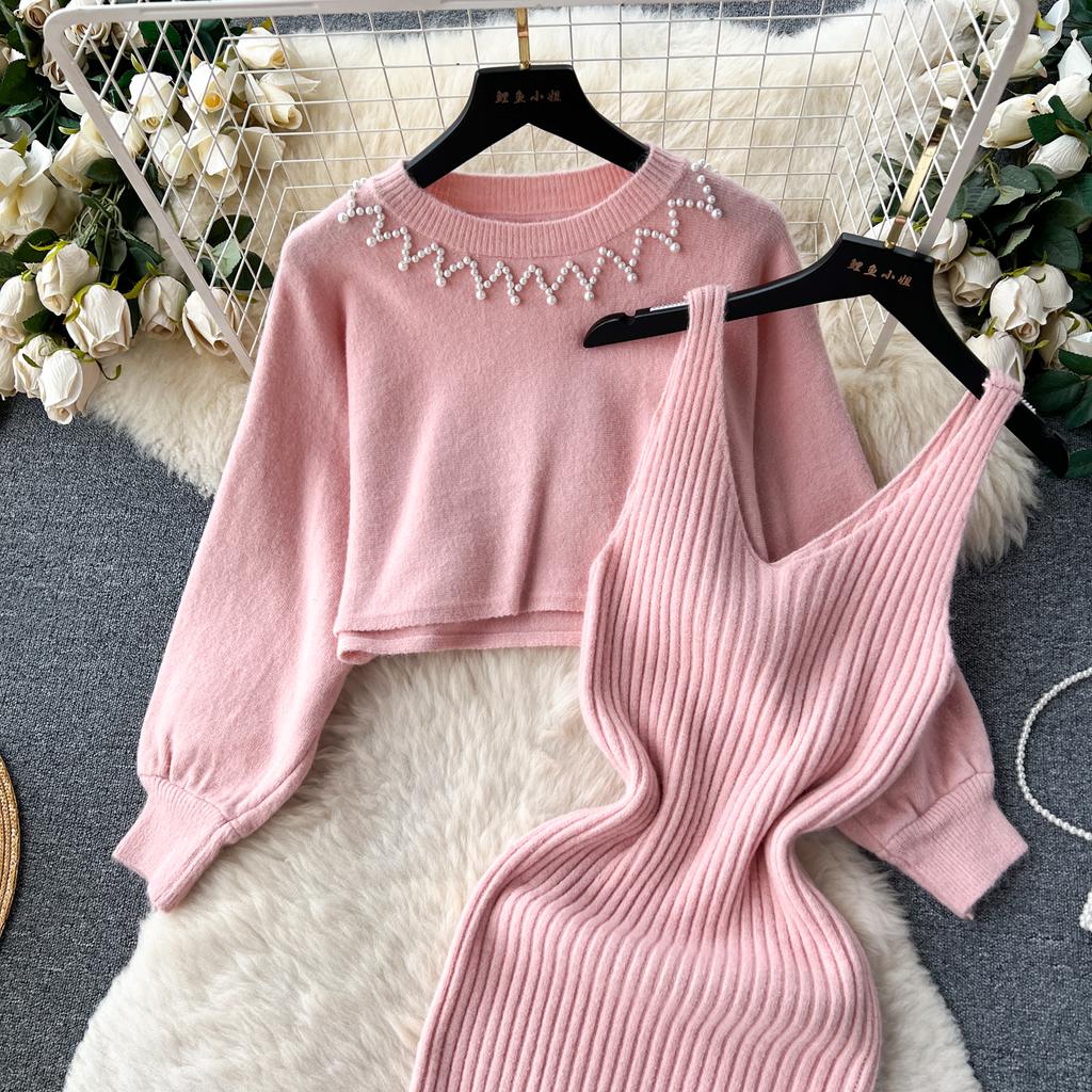 Осень-зима женский элегантный вязаный свитер комплект из двух предметов женский тонкий облегающее платье-футляр и пуловер с бисером топы костюм