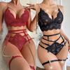 Sexy Set New Woman Lingerie Burgundy Garter Belt Underwear With Leg Rings Female Intimates Erotic 3 Piece Sets Lace Bra Panties