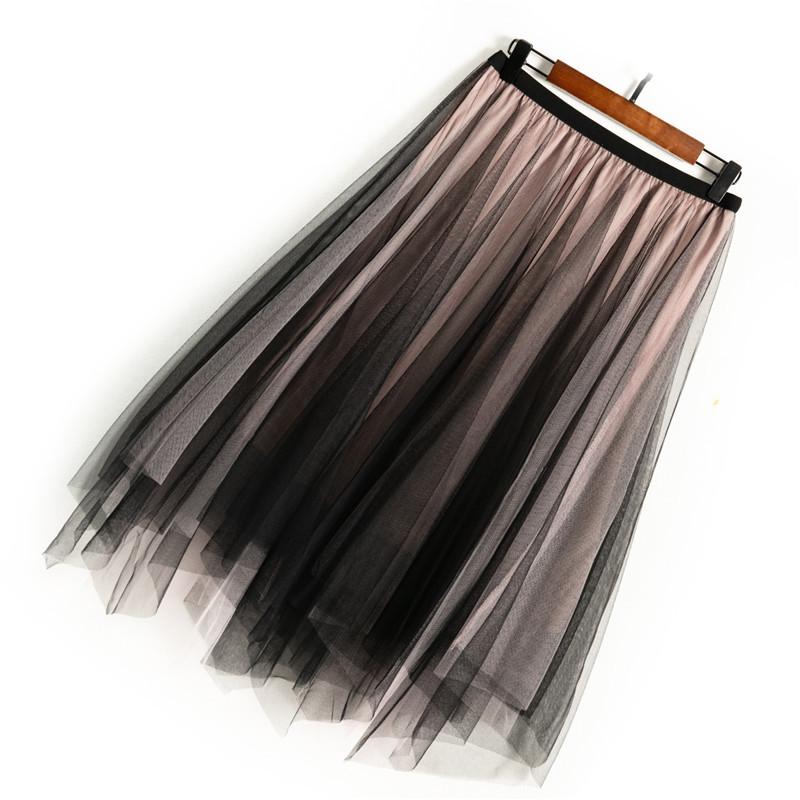Autumn New Trendy Fashion Contrast Gradient Irregular Thin Mesh Pleated Midi Skirts