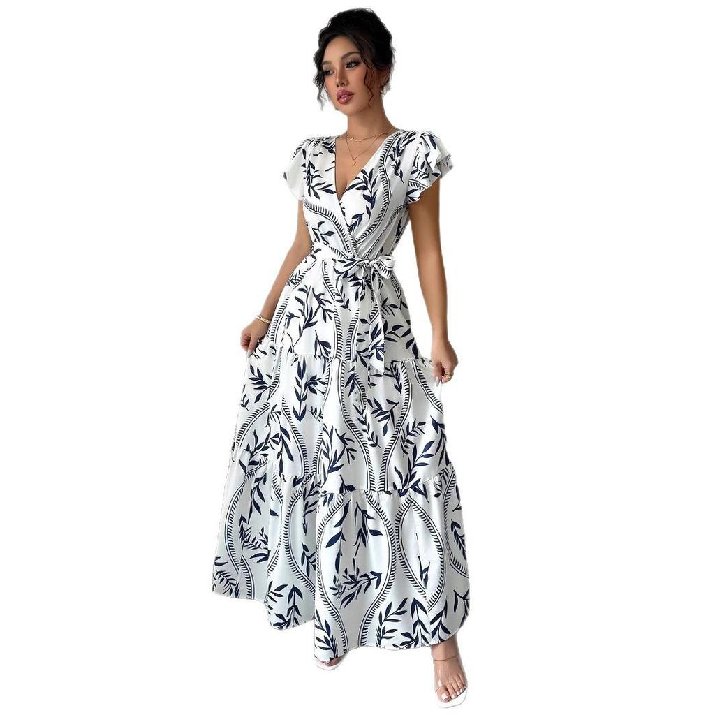 Весна и лето новая сексуальная облегающая тонкая длинная юбка-платье с принтом и V-образным вырезом с отделкой в виде края листа лотоса