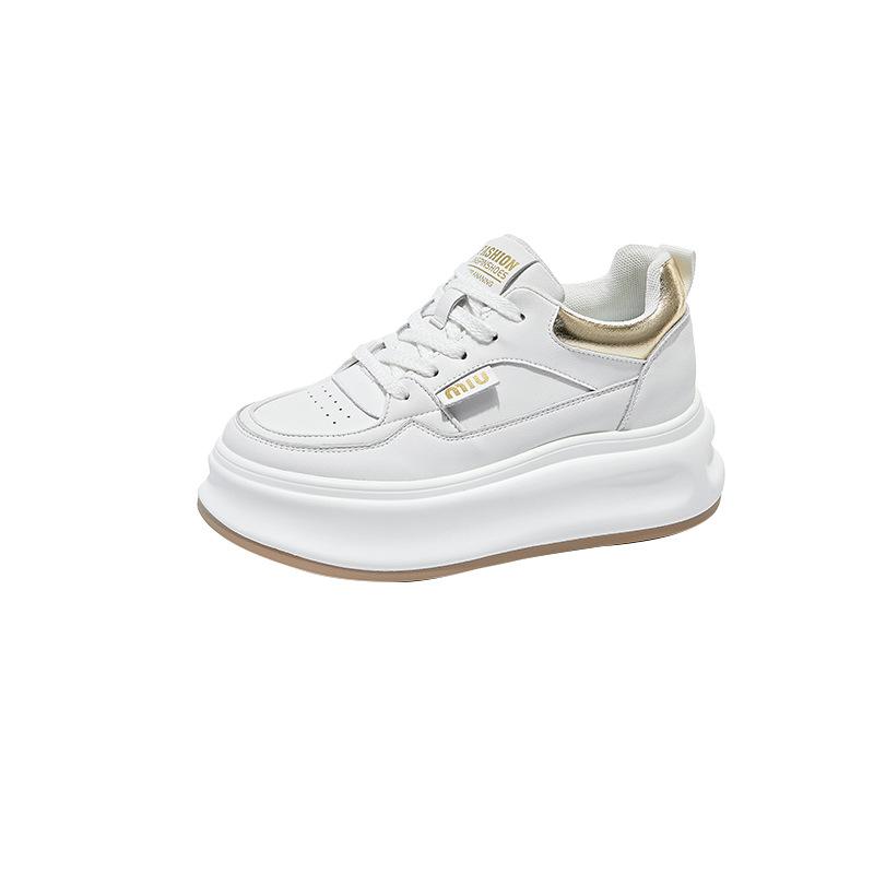 Thick-Soled Leather White Shoes Women's New Spring Versatile Single-Layer Shoes Platform Sneakers Height Increasing Insole Casual Sneakers