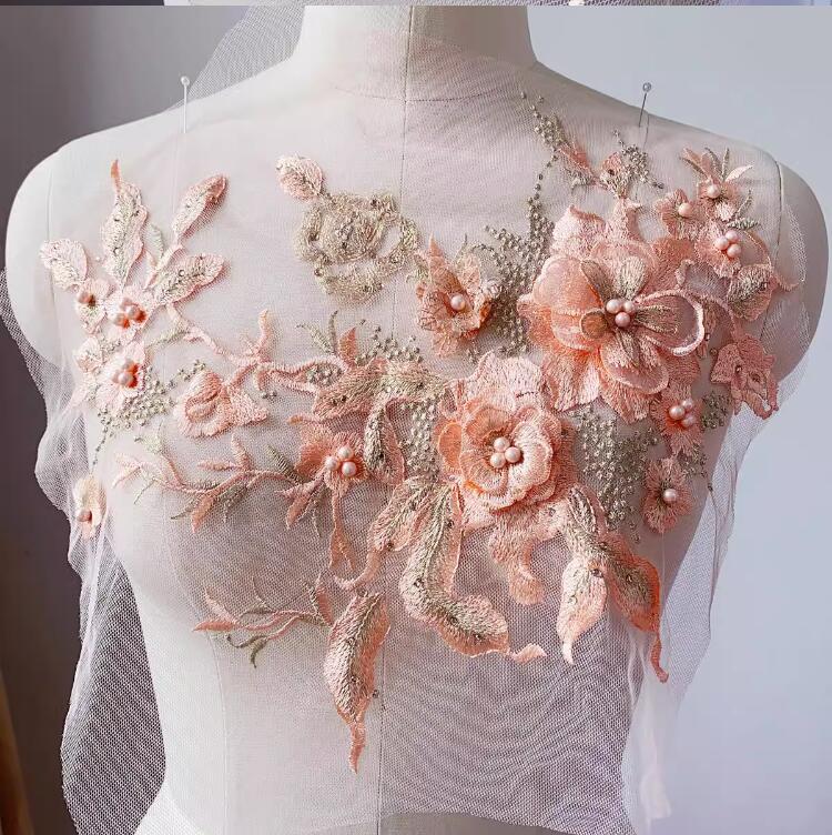 1 Piece Large 3D Lace Applique Trim Patches Pearl Purple Flower For Prom Wedding Dress Accessory Lace Fabric DIY 33*26cm