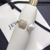 Natural freshwater pearl ring with micro inlaid zircon geometric blocks, adjustable opening, fashionable and versatile pearl bracelet