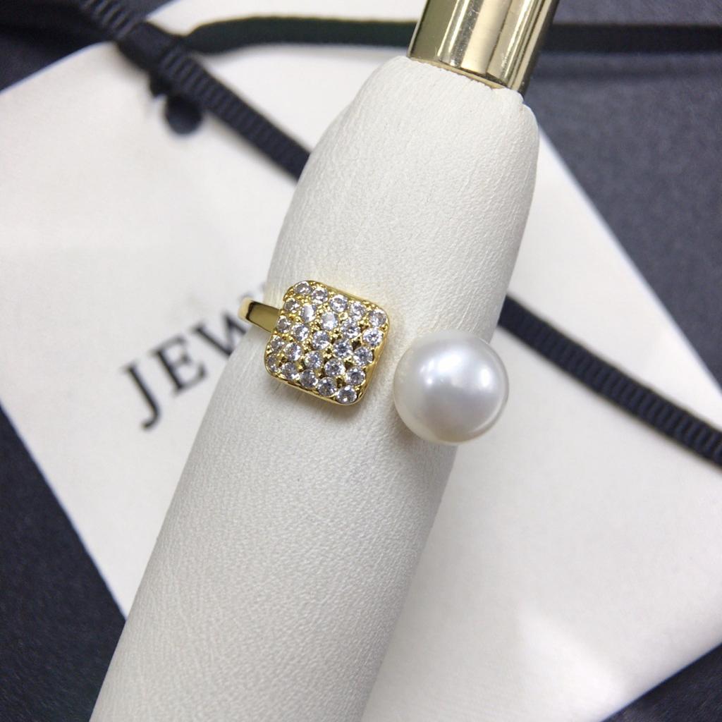 Natural freshwater pearl ring with micro inlaid zircon geometric blocks, adjustable opening, fashionable and versatile pearl bracelet