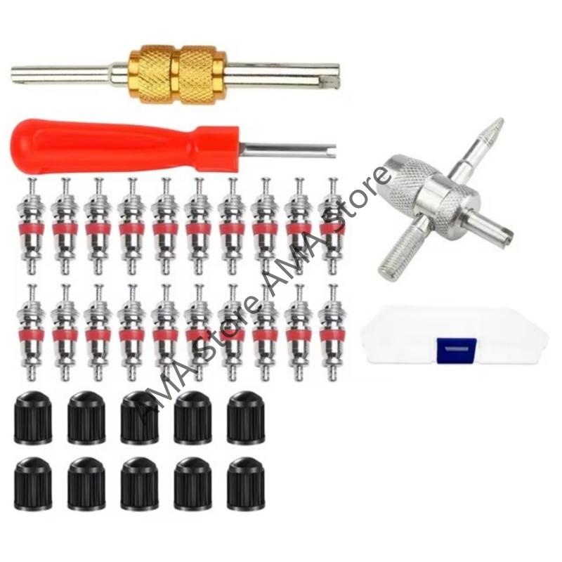 X7JF 33Pcs Universal Valves Stem Cores Tool Steel Shafts Plastic Grip Tire Repair set