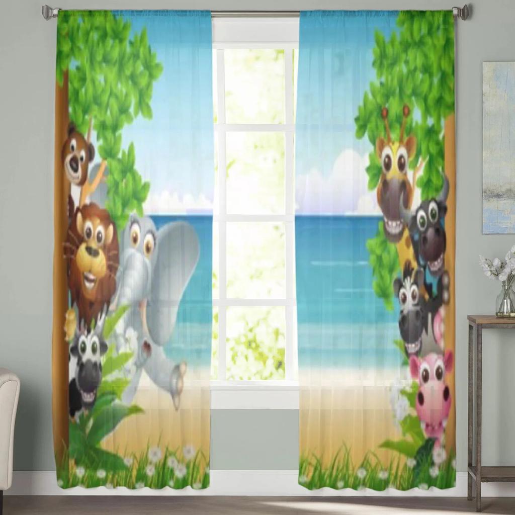 Animal Cartoon with Tropical Beach Tulle Curtains for Living Room Bedroom Window Sheer Curtains Kitchen Balcony Voile Curtains