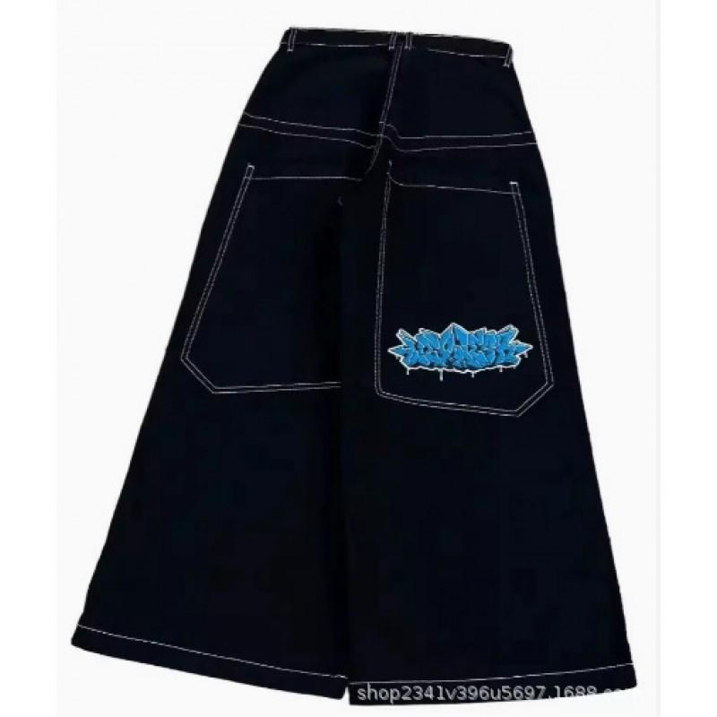 Mens Relaxed Fit Washed Denim Jeans With Embroidered Hip Hop Graphic Casual Wear