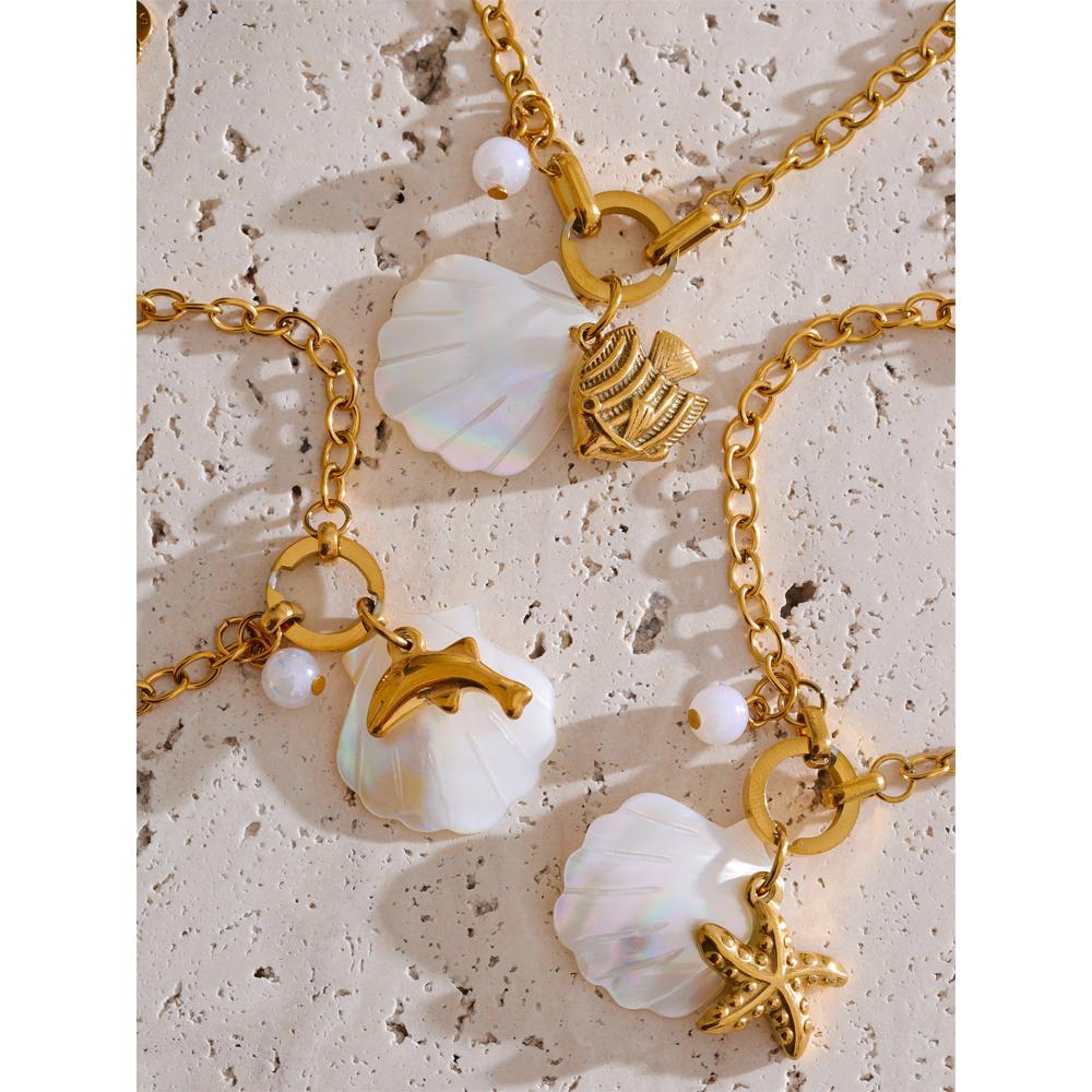 Yhpup Ocean Style Summer Shell Fish Starfish Drop Bracelet Bangle Vacation Beach Stainless Steel Charm Jewelry Trendy