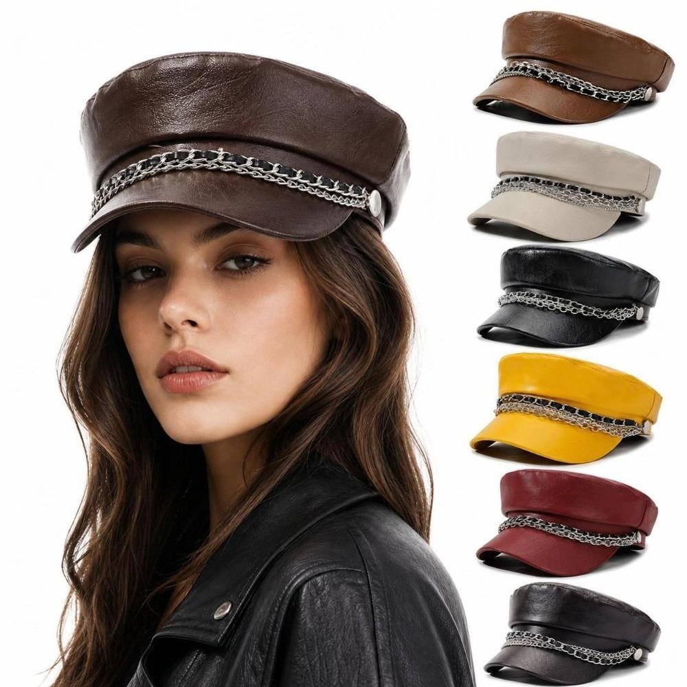 PU Leather Beret Hat Silver Chain Decor Octagonal Beret Cap Vintage Peaked Hat Autumn Winter