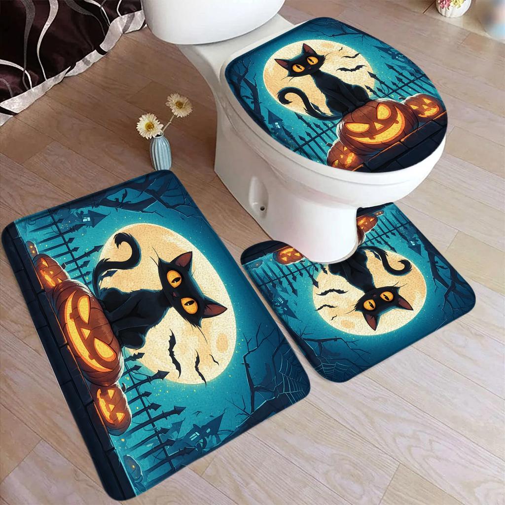 Cartoon Halloween Bath Mat Set Cute Black Cat Elf Ghost Rustic Autumn Pumpkin Home Carpet Bathroom Decor Floor Rugs Toilet Cover