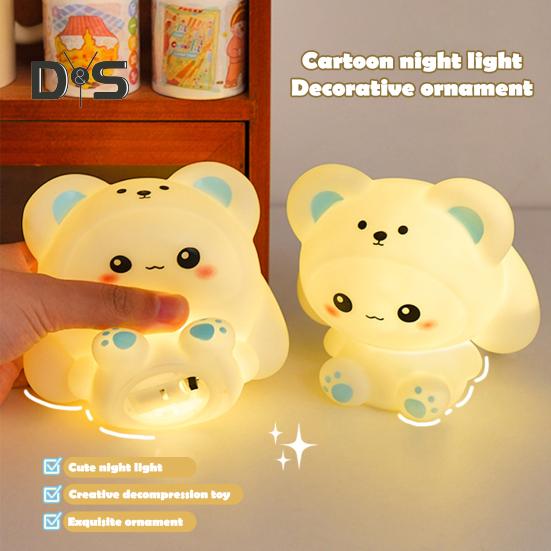 Bear Night Light Cute Silicone Lamp Soft Glow Flicker Free Battery Powered Cartoon LED Bedside Lamp Room Decoration