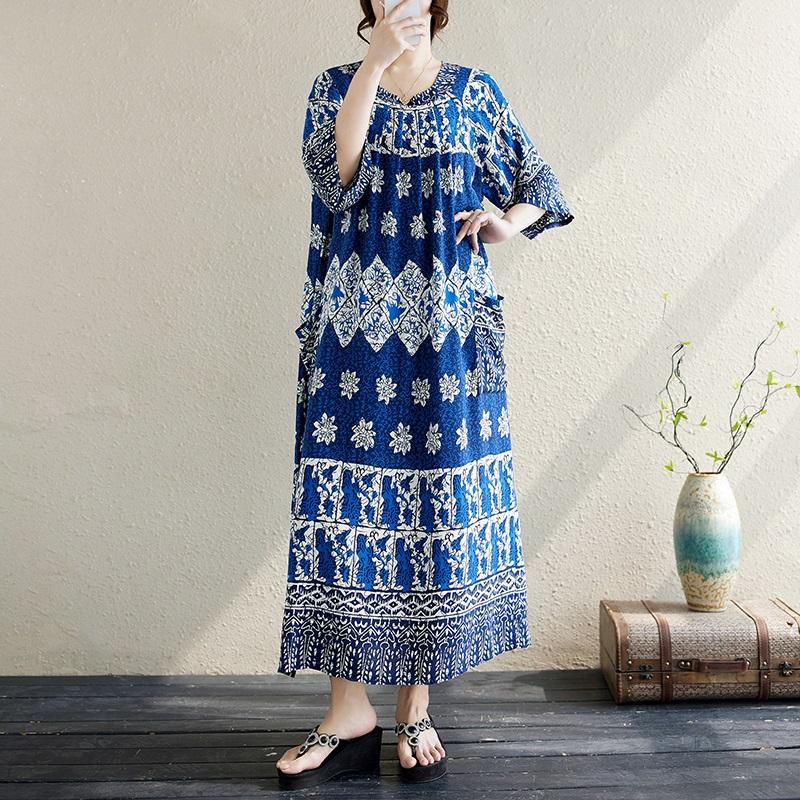 Short Sleeve Plus Size Cotton Vintage Floral New In Dresses for Women Casual Loose Long Summer Dress