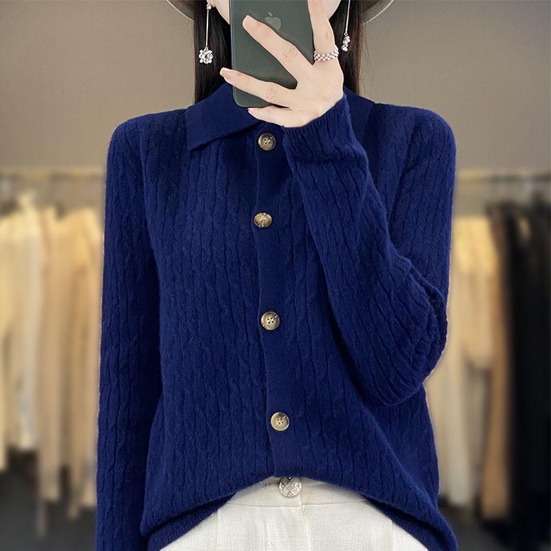 Korean Style Wool Cardigan: Long Sleeve Polo Knitwear for Autumn/Winter