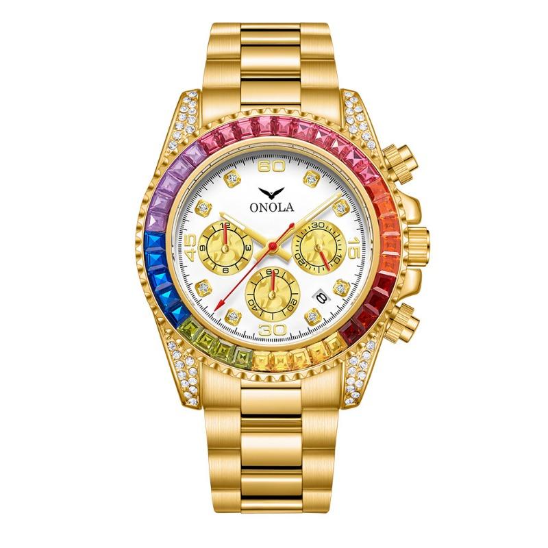 Fashion New Top Brand Business Gold Watch Waterproof Solid Core Fine Steel Band Rainbow Drill Men's Watch