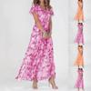 Women's Swing Long Dress Chiffon Floral Short Sleeve Ruffle V Neck Fashion Waist Flowy Dress