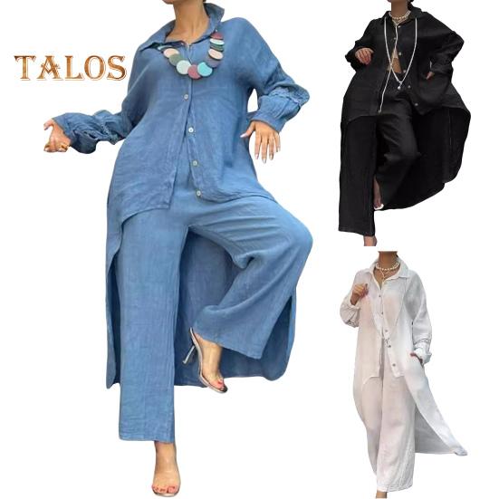 2 Pcs/Set Fall Spring Women Shirt Pants Set Long Sleeves Lapel Lace Cuff Button-down Irregular Hem Blouse Elastic Waist Trousers OL Commuting Sport