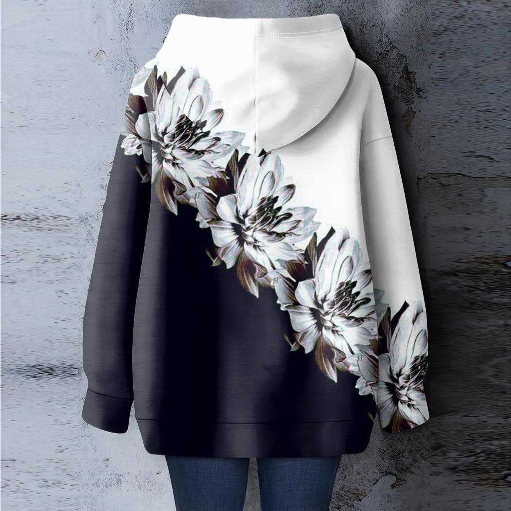 Women's Floral Print Loose Casual Long Sleeved Hooded Sweatshirt