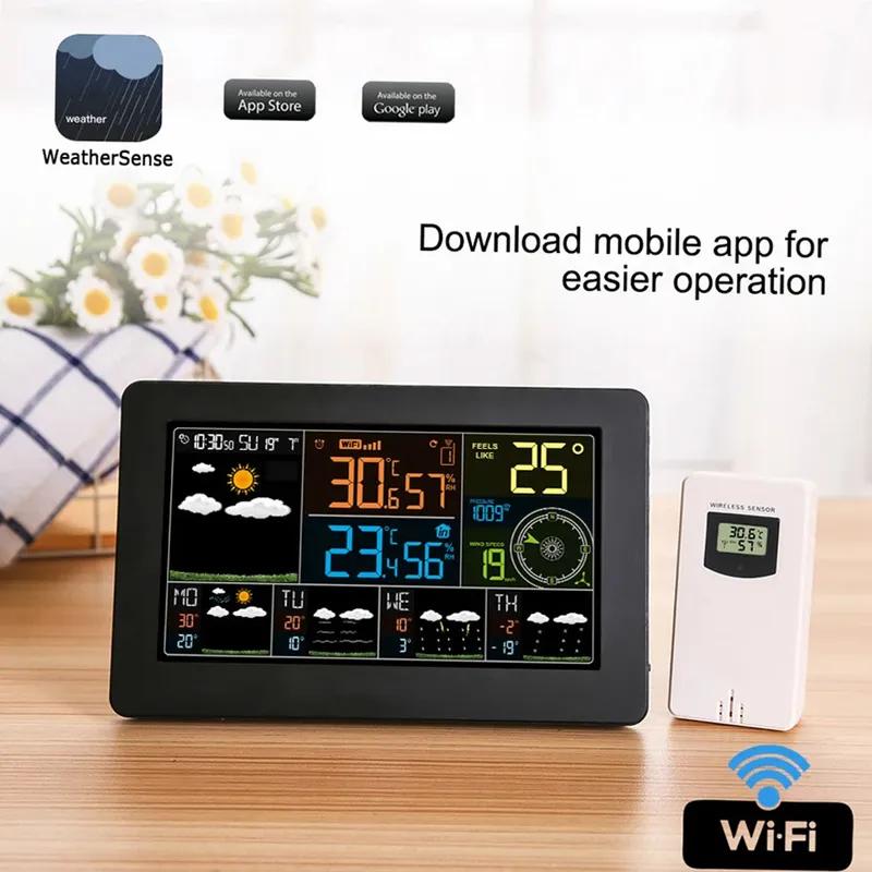 Умная погодная станция WiFi, комнатная и уличная, отображение температуры, влажности, атмосферного давления, скорости ветра, управление через приложение, многофункциональные часы