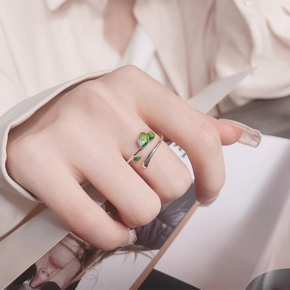 Adjustable Enamel Leaf Ring Oil Drop Women's Ring Elegant Leaf Opening Ring  Gifts