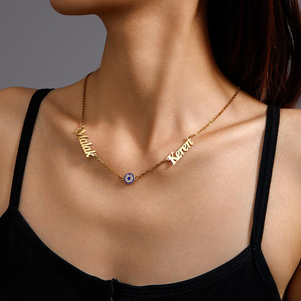 Atoztide Custom Multiple Names Necklace for Women Personalized Zircon Blue Eye Heart Choker Chain Stainless Steel Jewelry Gift