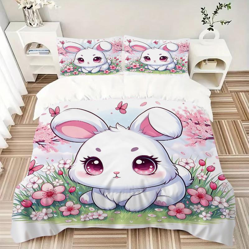 3pcs Lively White Rabbit Pattern Bedding Three-Piece Set (No Fillings), Soft and Comfortable M072