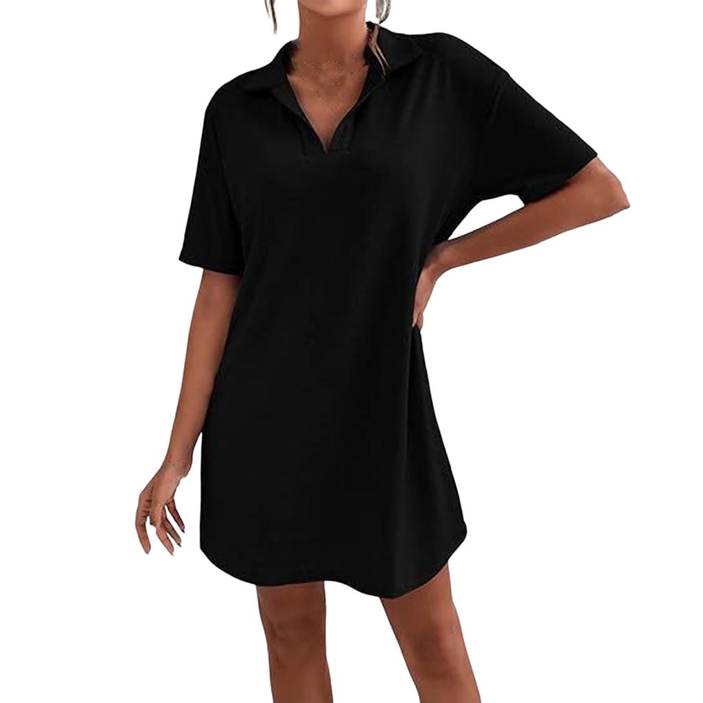 Женское модное летнее повседневное однотонное свободное платье с V-образным вырезом и лацканами